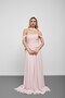 Powder pink off-the-shoulder peplum pleated evening gown with scarf detail