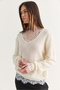 Women's Cream 2 Piece Lace Blouse and V-Neck Oversize Knitwear Sweater Set Tk261156 60286726