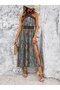 Women's Off-The-Shoulder Open Front Collar Cross Elastic Ethnic Patterned Slit Long Single Jersey Dress - 2