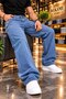 Men's Baggy Mustache Washed Denim Jean Trousers - 4
