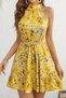 Women's Off the Shoulders High Neck Belted Patterned Short Single Jersey Dress