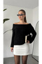 Women's Black Sequined Madonna Collar Knitwear Sweater Boat Neck Sparkly Knit Sweater - 7