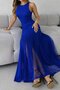 Women's Strappy Crew Neck Asymmetrical Hem Tulle Detailed Long Imported Crepe Dress - 4