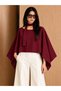Women's Burgundy Tok Fabric Scarf Detailed Asymmetrical Cut Cape Blouse