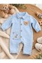 Flexi 100% cotton baby boy romper, blue with teddy bear embroidery, collared, full-length button-down, long sleeve.