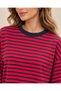 Women's Red Navy Blue Striped Crew Neck Boyfriend Fit Cotton Ribbed Fabric Loose Sweatshirt