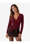 Women Burgundy Plain V-Neck Long Sleeves Top - 2