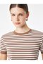 Women Brown Striped Round Neck Short Sleeves T-Shirt - 2