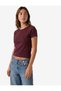 Women Burgundy Plain Round Neck Short Sleeves T-Shirt - 2