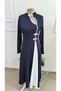 Women's long sleeve judge collar detailed dropped two color long janjan crepe dress - 5
