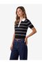 Women Black Striped Polo Collar Short Sleeves Sweater - 2