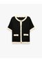 Women Black Plain Round Neck Short Sleeves Cardigan - 5
