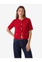 Women Red Plain Round Neck Short Sleeves Cardigan - 2