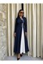 Women's long sleeve judge collar detailed dropped two color long janjan crepe dress - 3