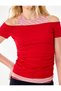 Women Red Plain Cold Shoulder Short Sleeves Top - 5