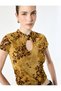 Women Green Floral Mandarin Collar Short Sleeves Top - 2