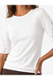 Women White Lace Round Neck Short Sleeves Top - 4