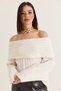 Women's Ecru Madonna Collar Knit Sweater with Hair Braid Pattern, Oversized, Tk251171, 60286776. - 4