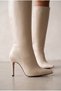 Limbooo Women's Pointed Toe High Heeled Below the Knee Boots Beige Skin - 3
