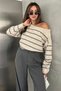 Women's Striped Boat Neck Off-Shoulder Oversized Knit Sweater - 3