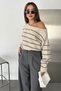 Women's Striped Boat Neck Off-Shoulder Oversized Knit Sweater - 2