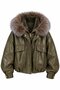 Khaki Leather Jacket with Premium Fur Detail on the Collar - 631
