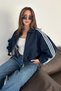 Women's Bat Sleeve Stripe Detailed Zippered Denim Jacket