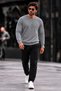 Men's Crew Neck Plain Pattern Ribbed Knitwear Anthracite Sweater - 3