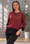 Women's Bordo Crew Neck Slim Knitwear Blouse with Crystal Stone Embroidery on the Chest and Glittery Lycra Skirt Trim - 2