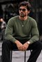 Men's Crew Neck Plain Pattern Ribbed Knitwear Green Sweater - 4