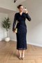 Women's Navy Blue V-Neck Lined Flocked Tulle Midi Length Evening Dress Graduation Dress - 2