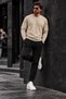Men's Crew Neck Plain Pattern Ribbed Knitwear Cream Sweater - 6