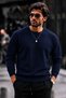 Men's Crew Neck Plain Pattern Ribbed Knitwear Navy Blue Sweater