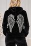 Moda Women's Velvet Stone Embroidered Wing Pattern Hooded Zipper Tracksuit Set