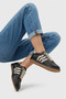Pelores Side Striped Double Face Genuine Leather Women's Sports Shoes Black Skin - 5