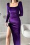 Velvet Slit Dress Square Maxi Evening Dress Collar Fabric · Color: Purple · Size: L Bsk2026 - 4