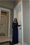 Square Neck Long Evening Dress with Belt and Sleeves · Color: Saks · Size: S Bsk2026