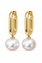 Gold Color Rectangular Ring Pearl Detailed Steel Women's Earrings
