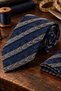 Navy Blue Beige Herringbone Pattern Classic Tie with Handkerchief Kk14156 - 2