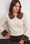 6979 Women's Leopard Fur Collar Buttoned Vintage Knitwear Cardigan Natural