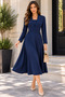 Timeless Elegance - Women's Long Sleeve Buttoned Midi Crepe Dress with Flared Skirt Detail - 2