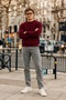 Men's Crew Neck Ribbed Knitwear Claret Red Sweater - 4