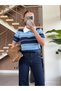 Blue Polo Collar Wool Textured Striped Half Sleeve Knit Sweater - 1289