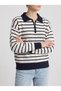 Women's Navy Blue Color Polo Collar Thin Striped Knitwear Sweater - 3