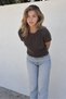 Women's Short Sleeve Crew Neck Basic Brown Sweater - 3