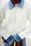 Women's Collar and Cuff Denim Detail Zippered Knitwear Cardigan Cream - 6