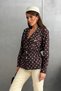 Women's Brown White Polka Dot Double Pocket Elastic Waist Shirt Blouse - 4