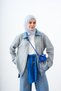 Women's Collar and Cuff Denim Detail Zippered Knitwear Cardigan Gray
