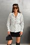Women's White Black Polka Dot Double Pocket Elastic Waist Shirt Blouse