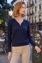 Navy Blue V-Neck Long Sleeve Ribbed Collar with Buckle and Glitter Casual Knitwear Sweater 62 59 - 3